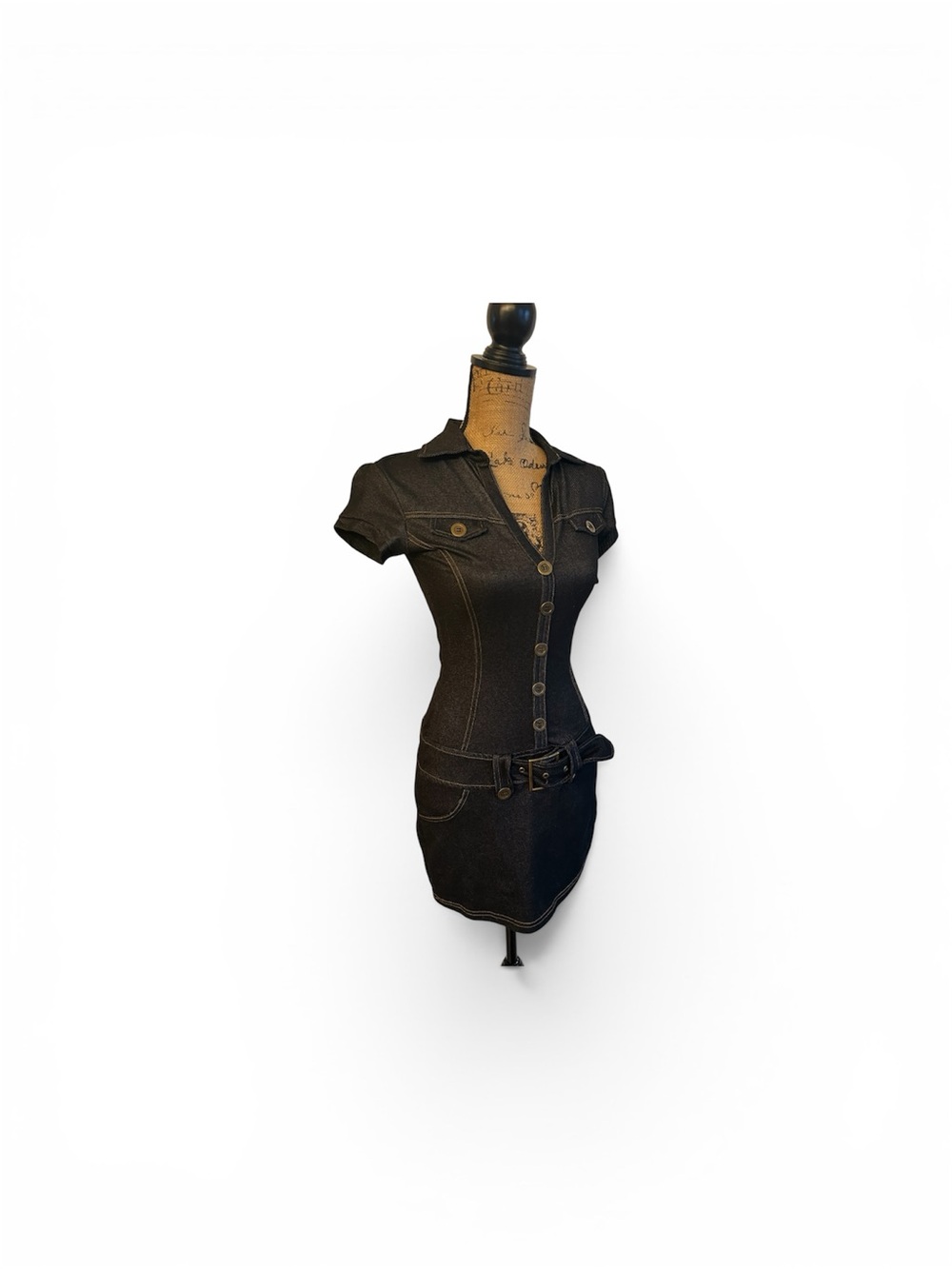 Denim Button-Front Mini Dress with Belt retro 60s.
